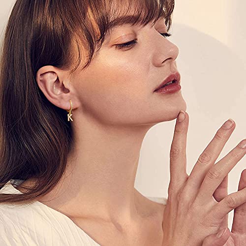 Ldurian Initial Dangle Hoops, Glitter Huggie Earrings, Tiny Charm Earrings, For Pierced Ears, 14K Gold Plated, Minimal Jewelry Women Men (with Letter A Charm)