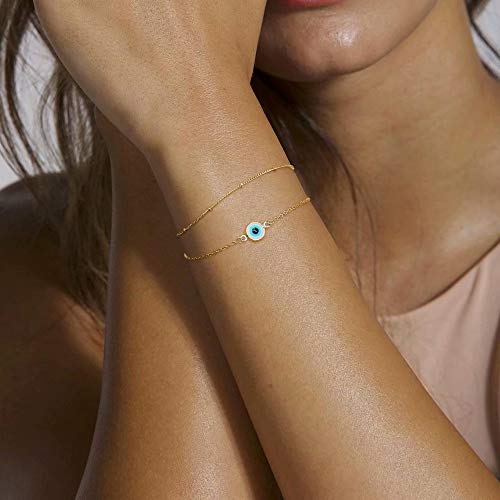 Dainty Layered Evil Eye Bracelets for Women, 14K Gold Filled Adjustable Layering Bead Chain Bracelet Handmade Gold Layered Round Evil Eye Bracelets for Women Jewelry(Round Evil Eye & Bead Chain)