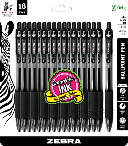 Zebra Pen Z-Grip Retractable Ballpoint Pen, Medium Point, 1.0mm, Black Ink, - 18 Pieces, Model Number: 22218