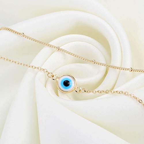 Dainty Layered Evil Eye Bracelets for Women, 14K Gold Filled Adjustable Layering Bead Chain Bracelet Handmade Gold Layered Round Evil Eye Bracelets for Women Jewelry(Round Evil Eye & Bead Chain)