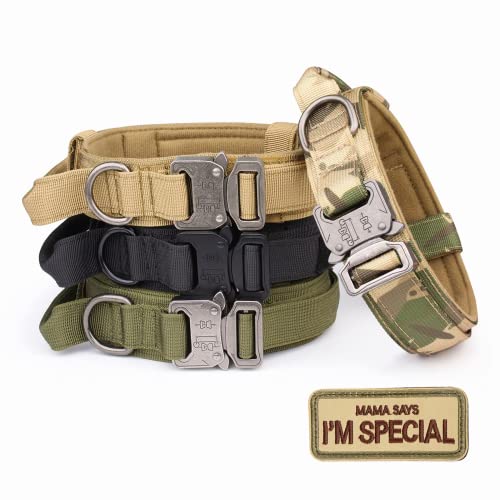 Tactical Dog Collar - KCUCOP Military Dog Collar with Mama Says I m Special Patch Thick with Handle K9 Collar Tactipup Dog Collars Adjustable Heavy Duty Metal Buckle for M,L,XL Dogs(Black,M)