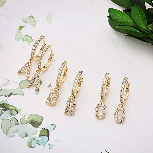 Ldurian Initial Dangle Hoops, Glitter Huggie Earrings, Tiny Charm Earrings, For Pierced Ears, 14K Gold Plated, Minimal Jewelry Women Men (with Letter A Charm)