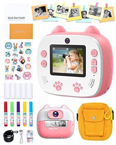 Dragon Touch Instant Print Kids Camera, InstantFun2 Digital Camera with Dual Camera Lens, Print Paper, Cartoon Sticker, Color Pens and Camera Bag for Girls and Boys (Pink)