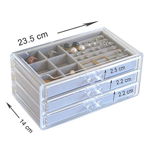 HerFav Acrylic Jewelry Box for Women with 3 Drawers for Rings Earrings and Necklace, Compact Jewelry Case, Transparent Gray
