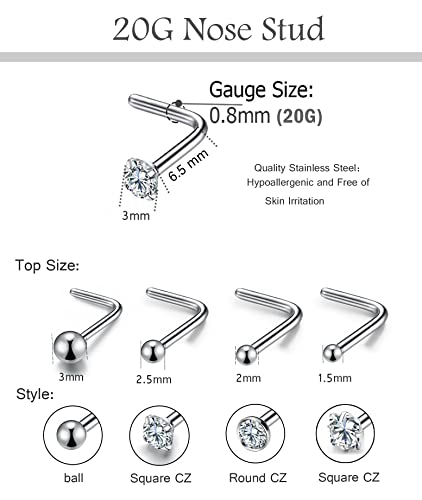 20G 16Pcs Stainless Steel Stud Nose Ring CZ L Shape Nose Body Piercing for Womens Mens (20G, Pin Length 6.5mm L)
