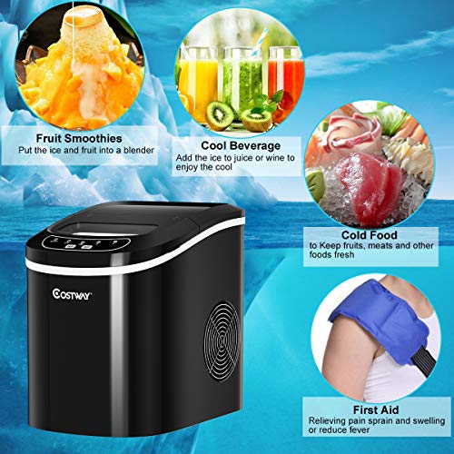 COSTWAY Ice Maker Countertop, 26LBS/24H Portable and Compact Ice Machine, Ice Cubes Ready in 6 Mins, Electric High Efficiency Express Clear Operation Control Panel with Ice Scoop (Black)