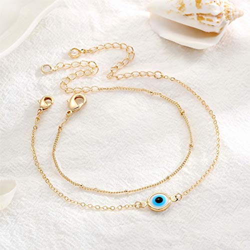 Dainty Layered Evil Eye Bracelets for Women, 14K Gold Filled Adjustable Layering Bead Chain Bracelet Handmade Gold Layered Round Evil Eye Bracelets for Women Jewelry(Round Evil Eye & Bead Chain)