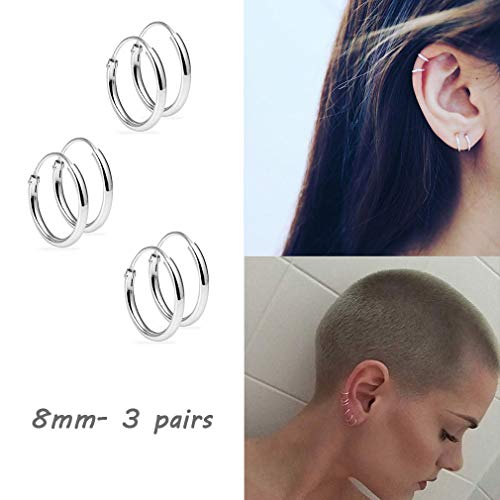 Silver Hoop Earrings- Cartilage Endless Small Hoop Earrings Set for Women Men Girls, 3 Pairs of Hypoallergenic 925 Sterling Silver Tragus Earrings Nose Lip Rings (3 Pairs(8mm*3))