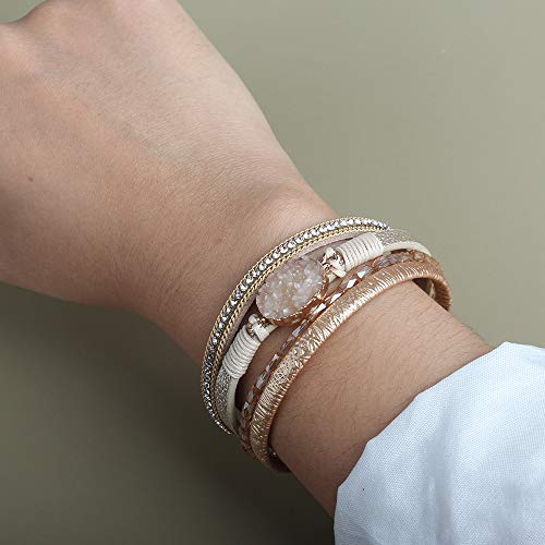 FANCY SHINY Leather Wrap Bracelet Boho Cuff Bracelets Crystal Bead Bracelet with Magnetic Clasp Jewelry Gifts for Women Teen Girls(7.7", Gold)