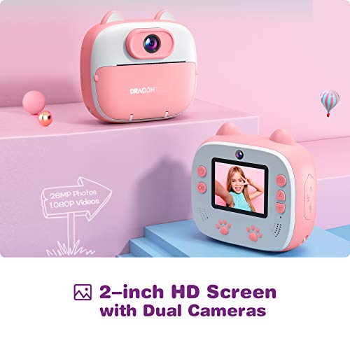 Dragon Touch Instant Print Kids Camera, InstantFun2 Digital Camera with Dual Camera Lens, Print Paper, Cartoon Sticker, Color Pens and Camera Bag for Girls and Boys (Pink)