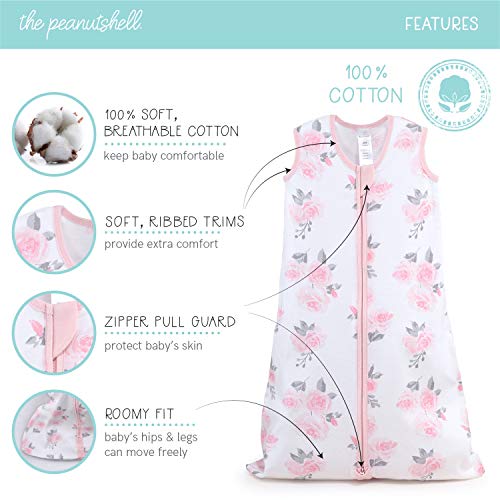The Peanutshell Wearable Blanket Sleep Sack for Baby Girls, Solid & Pink Floral, Sizes up to 12 Months (Small/Medium)