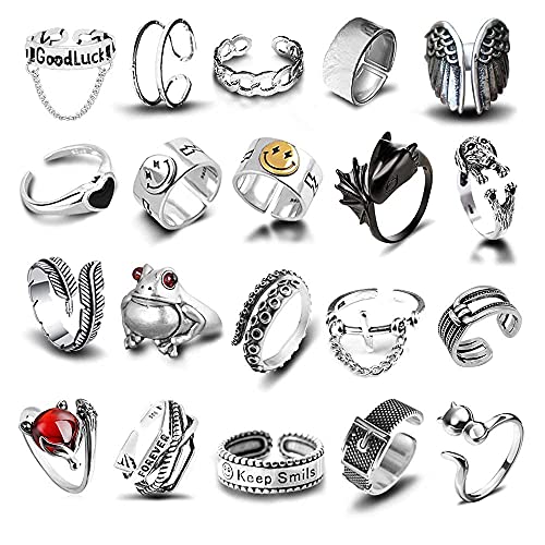 20 Pcs Open Rings Frog Leaf Chain Adjustable Ring for Women Men Girls Punk Vintage Stackable Ring Sets