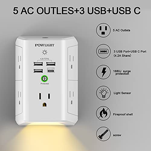 Outlet Extender with Night Light, USB Wall Charger, POWLIGHT 5-Outlet Surge Protector Power Strip with 4 USB Ports, 1680 Joules Multi Plug Outlet with Spaced Outlets for Home, Office, White