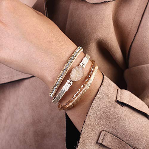 FANCY SHINY Leather Wrap Bracelet Boho Cuff Bracelets Crystal Bead Bracelet with Magnetic Clasp Jewelry Gifts for Women Teen Girls(7.7", Gold)