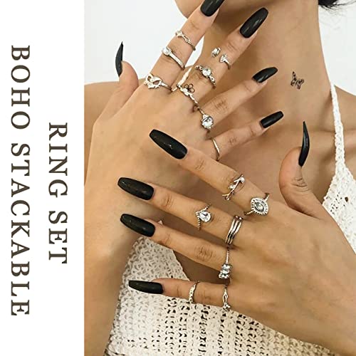 78 PCS Vintage Silver Knuckle Rings Set, Stackable Joint Finger Rings for Women, Bohemian Midi Rings, Boho Butterfly Snake Crystal Stacking Rings Pack (Style 1_78 pcs)