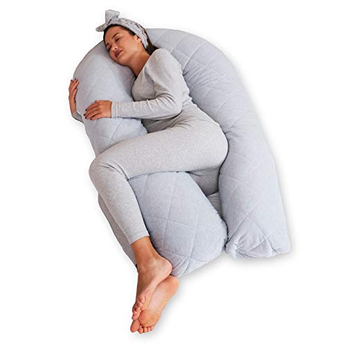 BODY NEST Cooling Pregnancy Pillow. U-Shape Full Body Pillow with Reversible Zippered Jersey Cotton Cover Gray. 2-in-1 Cover with Cooling Cotton Summer Side & Minky Soft Winter Side