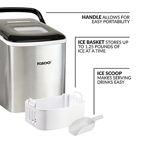 Igloo Automatic Self-Cleaning Portable Electric Countertop Ice Maker Machine With Handle, 26 Pounds in 24 Hours, 9 Ice Cubes Ready in 7 minutes, With Ice Scoop and Basket, Stainless Steel