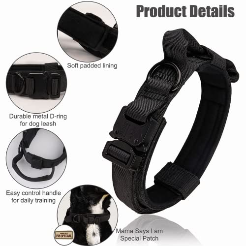 Tactical Dog Collar - KCUCOP Military Dog Collar with Mama Says I m Special Patch Thick with Handle K9 Collar Tactipup Dog Collars Adjustable Heavy Duty Metal Buckle for M,L,XL Dogs(Black,M)
