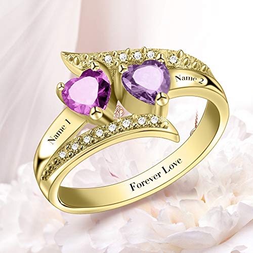 ORFAN Personalized Promise Rings for Her Custom Couples Name Ring for Women Mother Rings with 2 Simulated Birthstones Customized for Her (Gold)