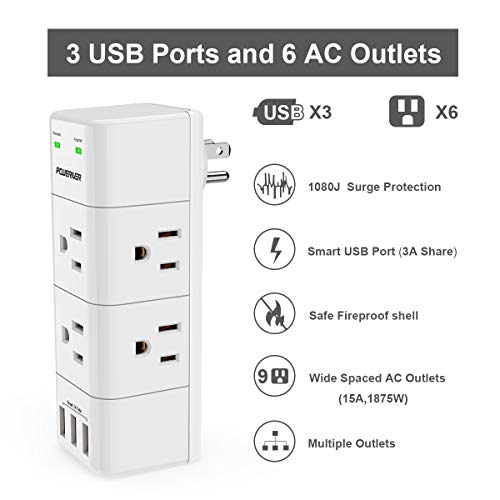 Surge Protector Wall Mount , Outlet Splitter with Rotating Plug, POWERIVER Power Strip with 6 Outlet Extender (3 Side) and 3 USB Ports, 1680 Joules, for Home/School/Office/Travel, White