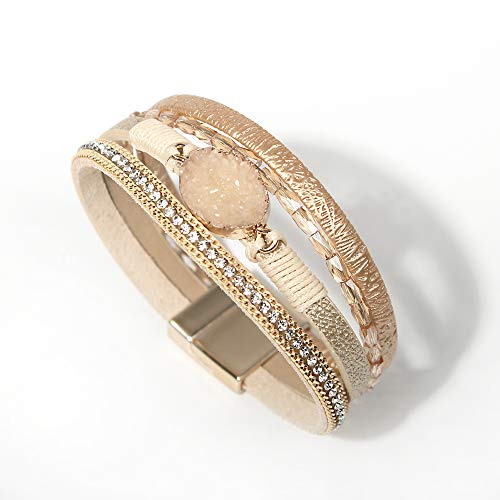 FANCY SHINY Leather Wrap Bracelet Boho Cuff Bracelets Crystal Bead Bracelet with Magnetic Clasp Jewelry Gifts for Women Teen Girls(7.7", Gold)