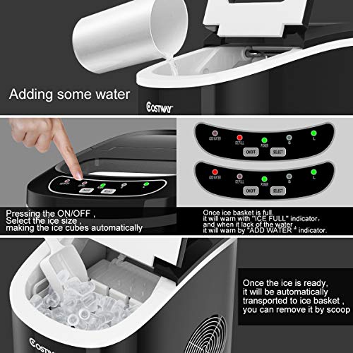 COSTWAY Ice Maker Countertop, 26LBS/24H Portable and Compact Ice Machine, Ice Cubes Ready in 6 Mins, Electric High Efficiency Express Clear Operation Control Panel with Ice Scoop (Black)