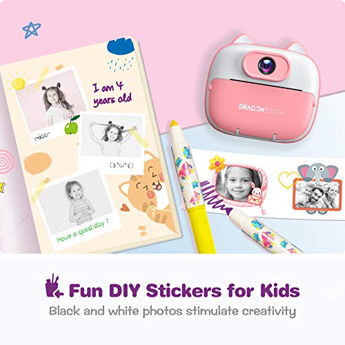 Dragon Touch Instant Print Kids Camera, InstantFun2 Digital Camera with Dual Camera Lens, Print Paper, Cartoon Sticker, Color Pens and Camera Bag for Girls and Boys (Pink)