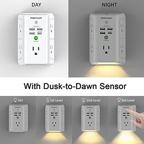 Outlet Extender with Night Light, USB Wall Charger, POWLIGHT 5-Outlet Surge Protector Power Strip with 4 USB Ports, 1680 Joules Multi Plug Outlet with Spaced Outlets for Home, Office, White