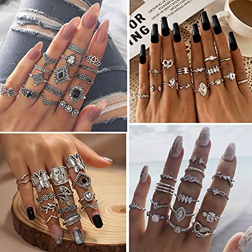 78 PCS Vintage Silver Knuckle Rings Set, Stackable Joint Finger Rings for Women, Bohemian Midi Rings, Boho Butterfly Snake Crystal Stacking Rings Pack (Style 1_78 pcs)