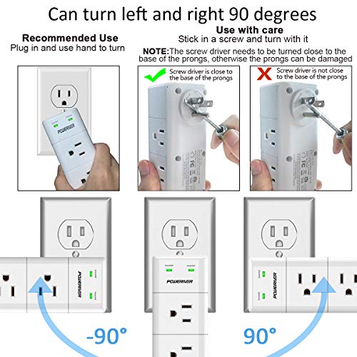 Surge Protector Wall Mount , Outlet Splitter with Rotating Plug, POWERIVER Power Strip with 6 Outlet Extender (3 Side) and 3 USB Ports, 1680 Joules, for Home/School/Office/Travel, White
