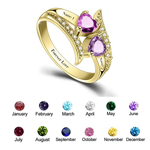 ORFAN Personalized Promise Rings for Her Custom Couples Name Ring for Women Mother Rings with 2 Simulated Birthstones Customized for Her (Gold)