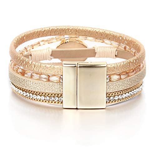 FANCY SHINY Leather Wrap Bracelet Boho Cuff Bracelets Crystal Bead Bracelet with Magnetic Clasp Jewelry Gifts for Women Teen Girls(7.7", Gold)