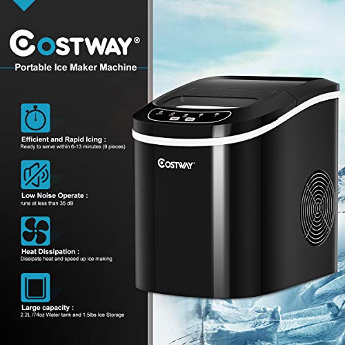 COSTWAY Ice Maker Countertop, 26LBS/24H Portable and Compact Ice Machine, Ice Cubes Ready in 6 Mins, Electric High Efficiency Express Clear Operation Control Panel with Ice Scoop (Black)