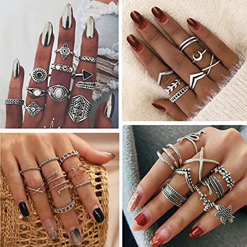 78 PCS Vintage Silver Knuckle Rings Set, Stackable Joint Finger Rings for Women, Bohemian Midi Rings, Boho Butterfly Snake Crystal Stacking Rings Pack (Style 1_78 pcs)