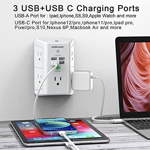 Outlet Extender with Night Light, USB Wall Charger, POWLIGHT 5-Outlet Surge Protector Power Strip with 4 USB Ports, 1680 Joules Multi Plug Outlet with Spaced Outlets for Home, Office, White