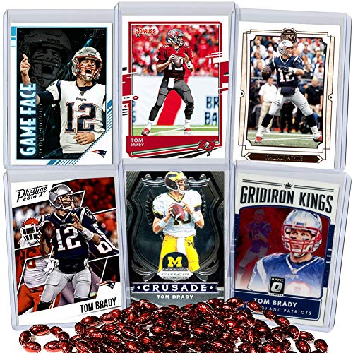 Tom Brady Football Card Bundle, Set of 6 Assorted New England Patriots and Michigan Wolverines Mint Football Cards of Quarterback GOAT Super Bowl Champion Tom Brady, Protected by Sleeve and Toploader