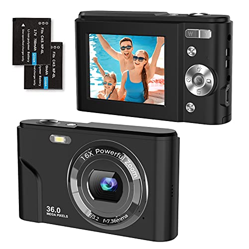 TOBERTO HD Digital Camera, 1080P Vlogging LCD Mini Camera with 16X Zoom 36MP Digital Point and Shoot Camera Video Camera, for Kids Students Beginners Beauty Face