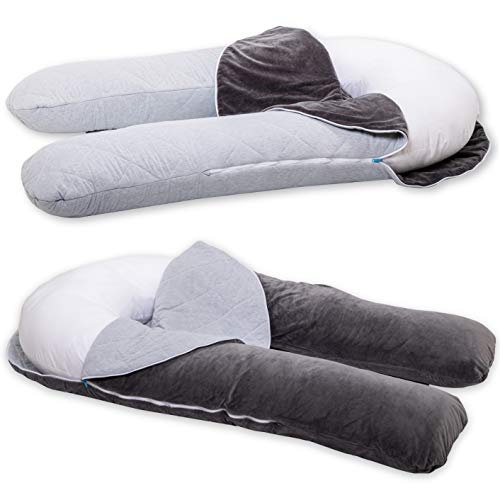 BODY NEST Cooling Pregnancy Pillow. U-Shape Full Body Pillow with Reversible Zippered Jersey Cotton Cover Gray. 2-in-1 Cover with Cooling Cotton Summer Side & Minky Soft Winter Side