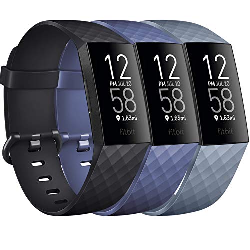 Pack 3 Silicone Bands for Fitbit Charge 4 / Fitbit Charge 3 / Charge 3 SE Replacement Wristbands for Women Men Small Large(Without Tracker) (Small: for 5.5"-7.1" Wrists, Black+Navy Blue+Slate Grey)