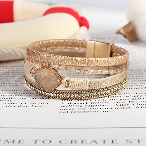 FANCY SHINY Leather Wrap Bracelet Boho Cuff Bracelets Crystal Bead Bracelet with Magnetic Clasp Jewelry Gifts for Women Teen Girls(7.7", Gold)