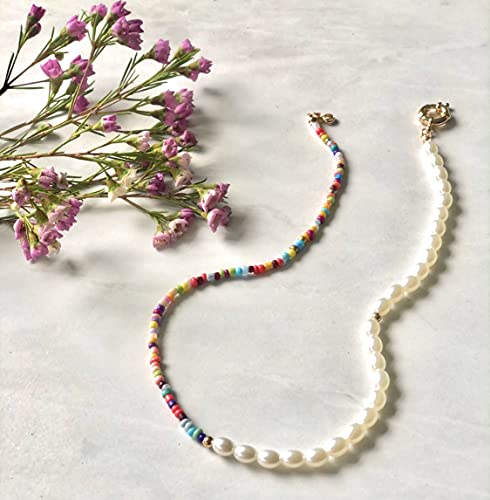 Bohemian Bead Pearl Choker Necklace for Women Girls Handmade Colorful Seed Beaded Choker for Women Jewelry