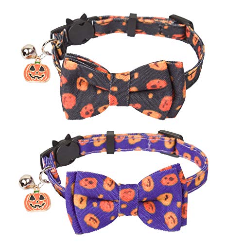 ADOGGYGO Halloween Cat Collar Breakaway with Bowtie Bell - 2 Pack Kitten Collar Pumpkin Print Kitty Collar with Removable Bowtie Cat Bow tie Collar for Kitten Cat (Pumpkin)