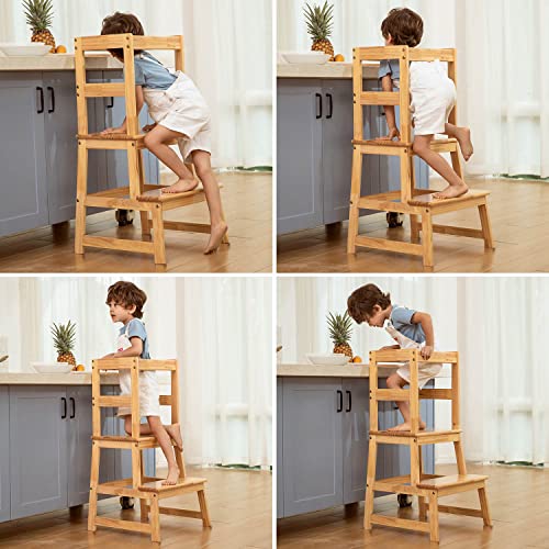 Wiifo Kids Kitchen Step Stool with Safety Rail,Wooden Learning Toddler Tower for Kitchen Counter, Mothers' Helper,Montessori Kids Learning Stool, Natural Solid Wood Construction