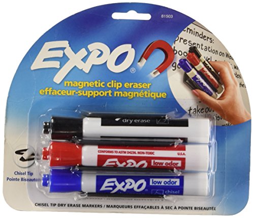 EXPO 81503 Magnetic Low Odor Markers, Chisel Tip, Assorted Colors, 3-Count with Magnetic Clip