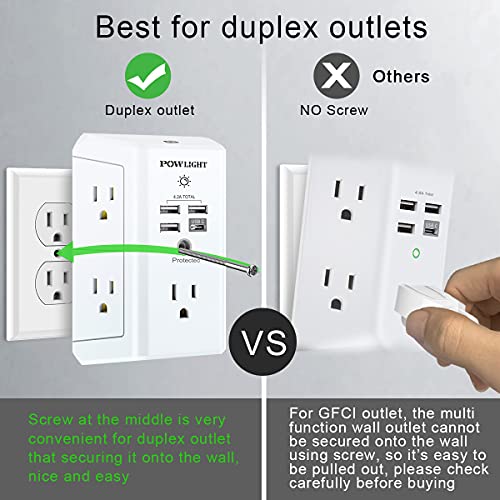 Outlet Extender with Night Light, USB Wall Charger, POWLIGHT 5-Outlet Surge Protector Power Strip with 4 USB Ports, 1680 Joules Multi Plug Outlet with Spaced Outlets for Home, Office, White