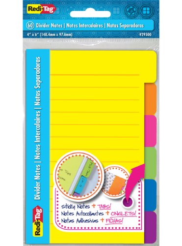 Redi-Tag Divider Sticky Notes, Tabbed Self-Stick Lined Note Pad, 60 Ruled Notes, 4 x 6 Inches, Assorted Neon Colors (29500)