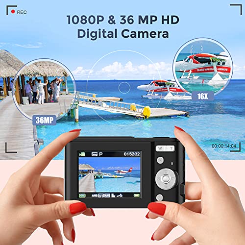 TOBERTO HD Digital Camera, 1080P Vlogging LCD Mini Camera with 16X Zoom 36MP Digital Point and Shoot Camera Video Camera, for Kids Students Beginners Beauty Face