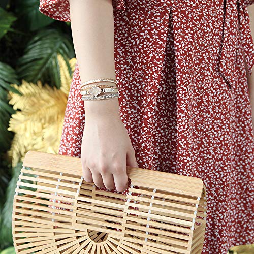 FANCY SHINY Leather Wrap Bracelet Boho Cuff Bracelets Crystal Bead Bracelet with Magnetic Clasp Jewelry Gifts for Women Teen Girls(7.7", Gold)