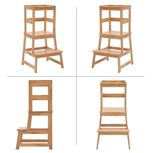 Wiifo Kids Kitchen Step Stool with Safety Rail,Wooden Learning Toddler Tower for Kitchen Counter, Mothers' Helper,Montessori Kids Learning Stool, Natural Solid Wood Construction