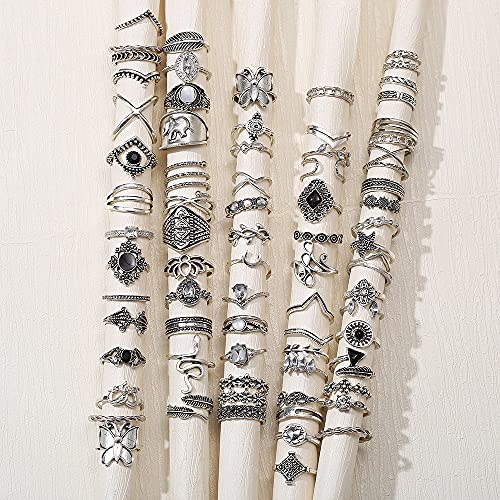 78 PCS Vintage Silver Knuckle Rings Set, Stackable Joint Finger Rings for Women, Bohemian Midi Rings, Boho Butterfly Snake Crystal Stacking Rings Pack (Style 1_78 pcs)